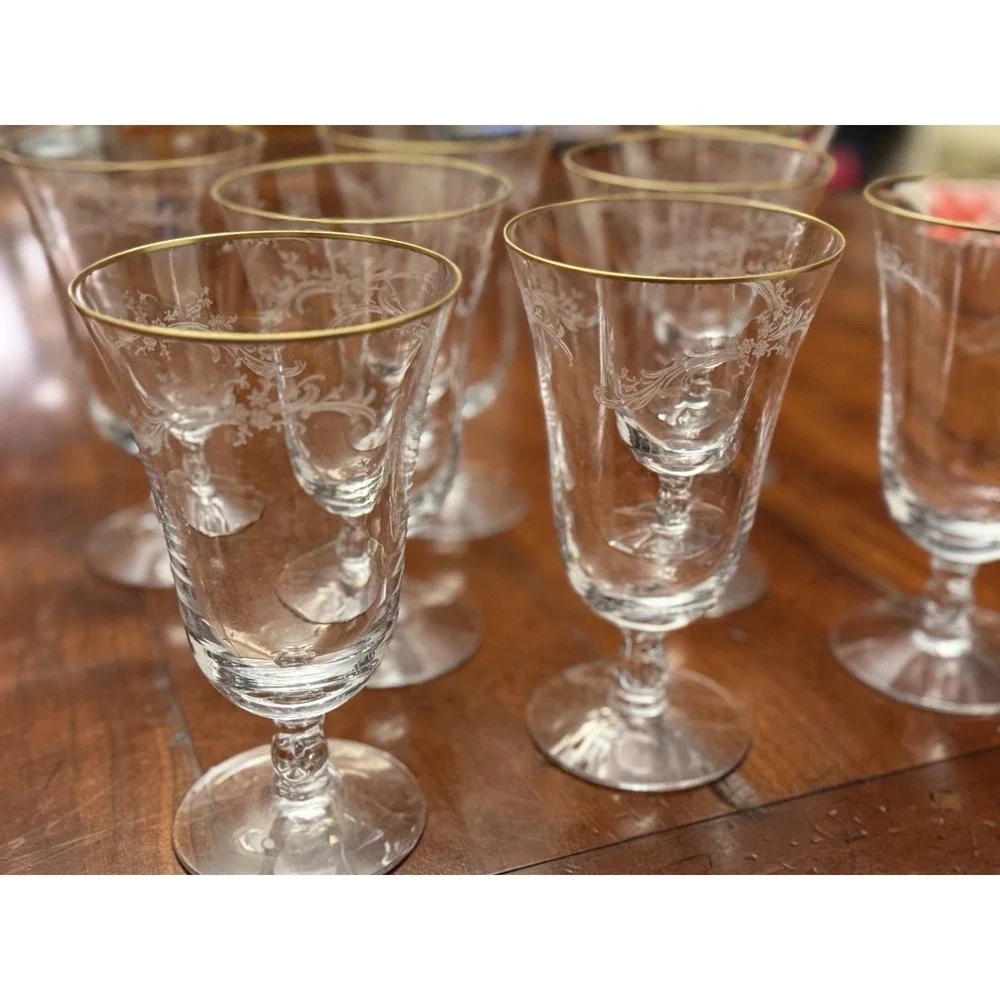 Golden Lace by Fostoria‎ Iced Tea Glasses Set of 8 Vintage Water Etched w/h Gold